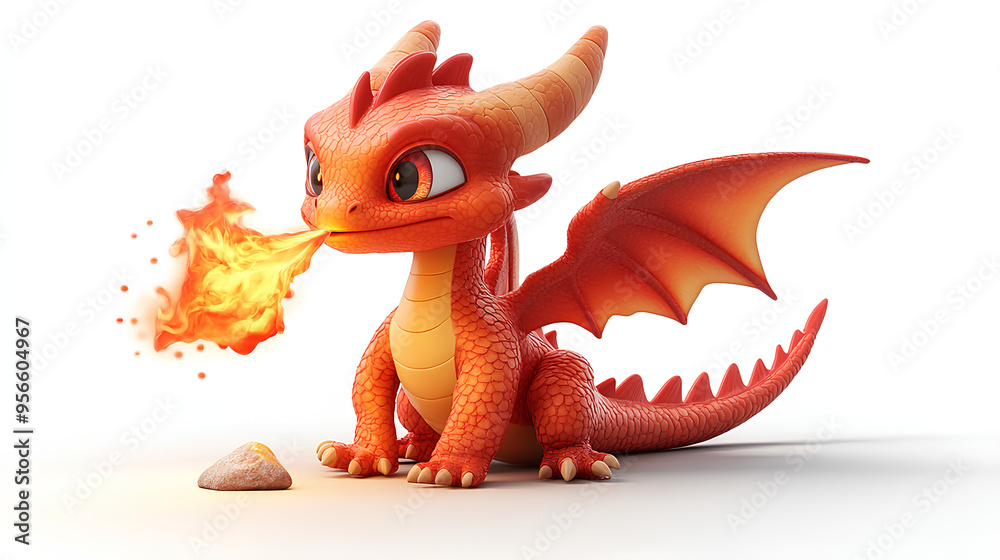 Canvas Prints Playful cartoon dragon spitting flames, isolated on a white background