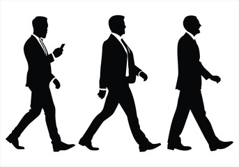 Group of business people walking beside view vector silhouette.