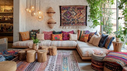 Cozy cultural interior design showcasing handcrafted decor and unique patterns