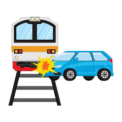 concept illustration of a train having an accident or hitting a car, flat style vector illustration.