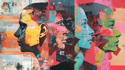 Fototapeta premium Abstract Collage of Three Faces in Profile
