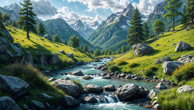 Mountain landscape with a winding river, lush greenery and snowy majestic peaks