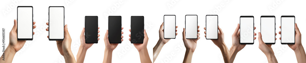 Poster mobile smart phone in hand with blank screen isolated