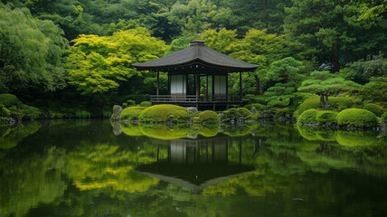 日本の苔庭と木造のパビリオン