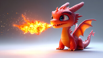 Playful cartoon dragon spitting flames, isolated on a white background
