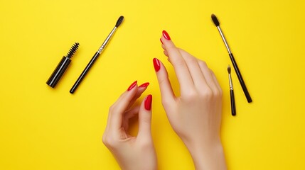 A pair of female hands with stylish red nails, displayed alongside manicure tools on a bright yellow background, creating a bold and vibrant beauty scene.
