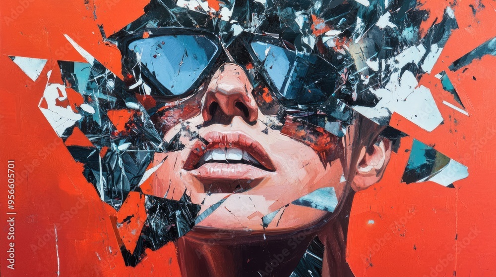 Canvas Prints Abstract Portrait of a Woman with Sunglasses, Disintegrating into Shattered Pieces