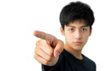 Confident Young Asian Man Pointing Finger on Transparent Background for Business and Marketing Concepts