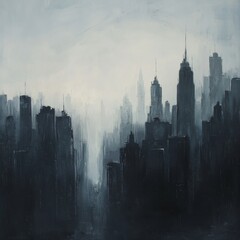 This artwork depicts a stunning painting of a sprawling city skyline enveloped in a mysterious fog, creating an ethereal atmosphere