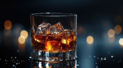 Single glass of whiskey with ice cubes, with light reflecting off the glass, and a dark, black background, selective focus on the drink