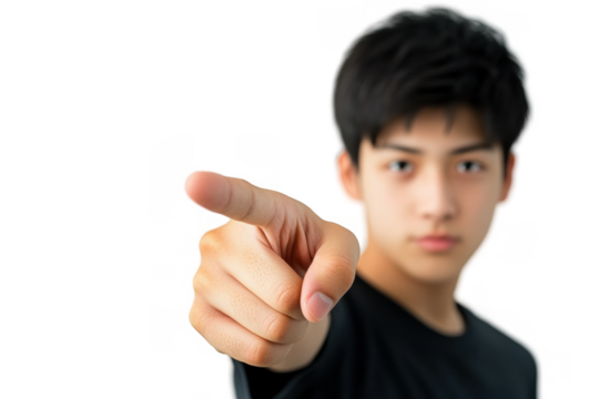 Confident Young Asian Man Pointing Finger on Transparent Background for Business and Marketing Concepts - Powered by Adobe