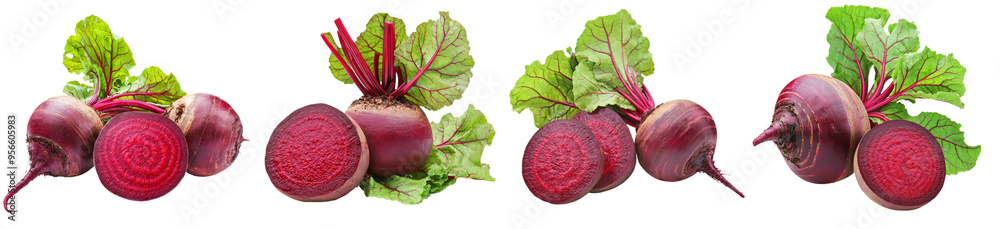 Poster red beetroot isolated on white background with leaves and a half of it