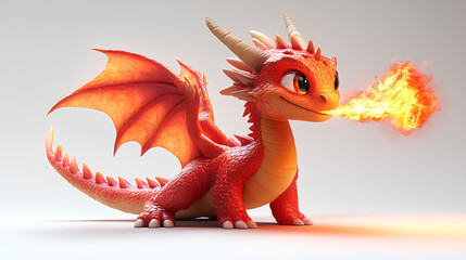 Playful cartoon dragon spitting flames, isolated on a white background