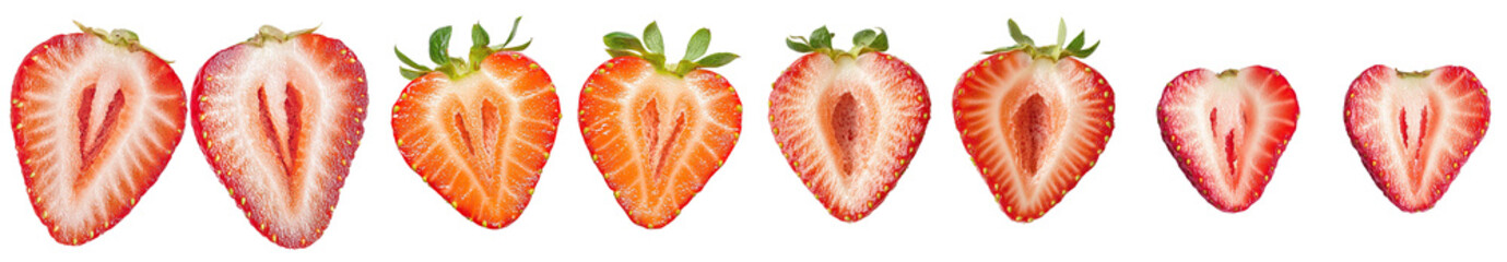 Strawberry fruits cut and isolated on a white background.