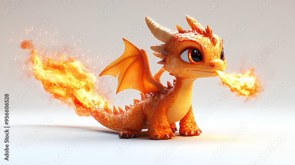 Poster playful cartoon dragon spitting flames, isolated on a white background