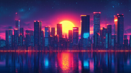 Fototapeta premium Stunning Downtown City Skyline at Night with Sunset Reflections and Skyscrapers In Futuristic style