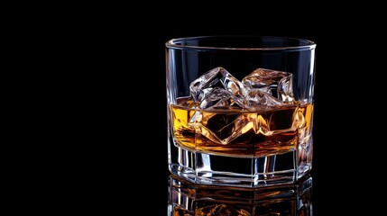 Whiskey in a crystal glass with ice, placed on a dark background, selective focus on the amber drink and clear ice cubes