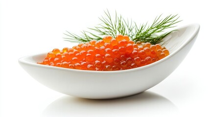 White gravy boat filled with fresh pike caviar and garnished with dill, isolated on a white background, creating a striking visual with its elegant simplicity