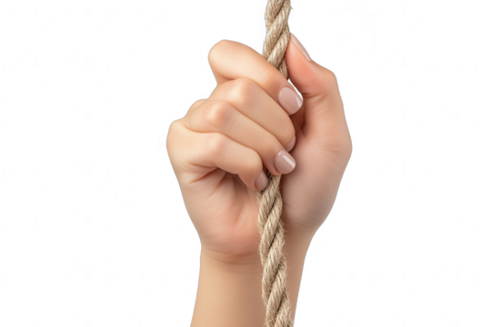 Close-Up of Hand Holding Rope on Transparent Background for Strength and Determination Concept