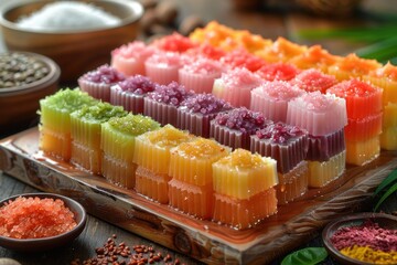 Malaysia: Kuih Lapis Multi-layered colorful steamed cake made from rice flour and coconut milk