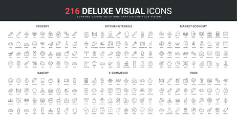 Healthy and fast food of cafe and grocery store, sweets of bakery line icon set. Online shopping and ecommerce, kitchen utensils and electrical appliances thin black outline symbol vector illustration