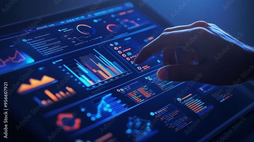 Poster a person analyzes data visualizations on a tablet in a dimly lit space using interactive analytics t