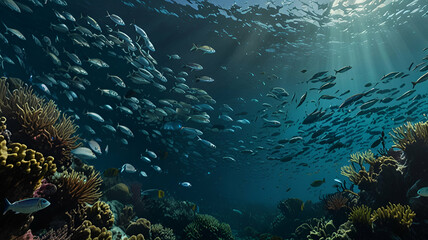Fototapeta premium A dynamic underwater scene with schools of fish, swaying seaweed, and the gentle rhythm of the ocean. Background