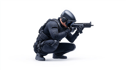 Futuristic android soldier in bulletproof armor, military cyborg armed with sci-fi rifle gun crouching on white background
