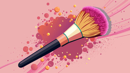 Photo of makeup brush with powder splashes isolated on pink background.