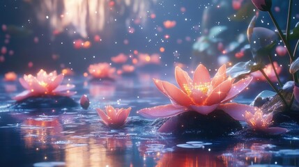 Celestial garden, with floating islands, starry skies, and luminescent flowers, fantasy environment, 3D illustration