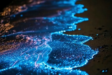 Bioluminescent Waves Crashing on a Sandy Beach at Night