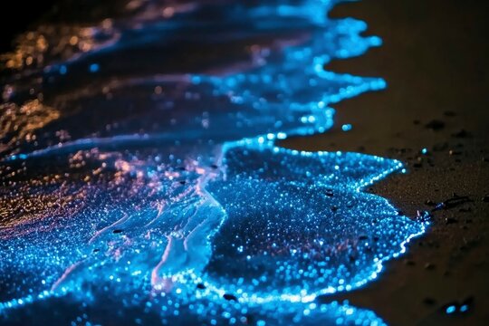 Bioluminescent Waves Crashing on a Sandy Beach at Night