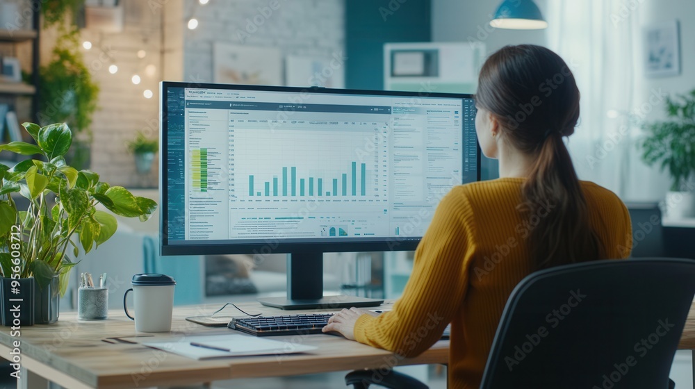 Aufkleber an expert is deeply focused on a monitor, carefully analyzing data in a well-organized office with c