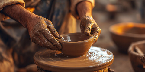 The potter's hands pull the walls of the clay product on the potter's wheel. A ceramist makes a pottery workshop.