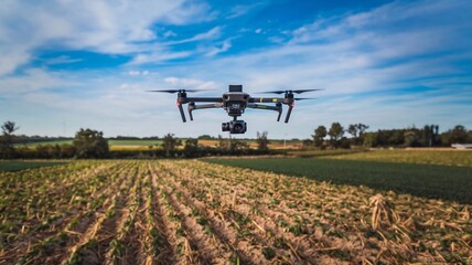 Quadcopter with camera flying over field. Smart agriculture concept