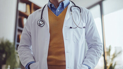 Torso of an unrecognizable male doctor in a lab coat with a stethoscope