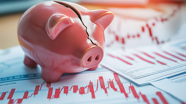 Cracked Piggy Bank on Financial Charts Representing Economic Crisis