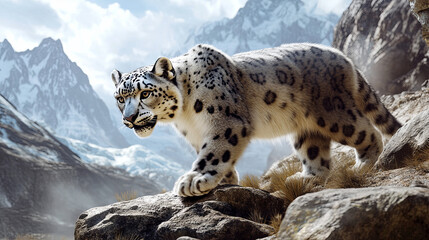 Obraz premium A close-up of a snow leopard pacing along a rocky terrain in its enclosure, with snow-capped mountains in the distance.