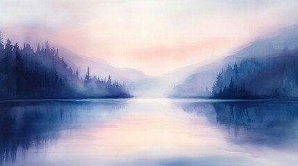 Fototapeta premium Watercolor Painting of a Mountain Lake at Dawn
