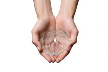 Close-Up of Hands Holding Transparent Glass Bowl on Transparent Background - Charity Support Concepts
