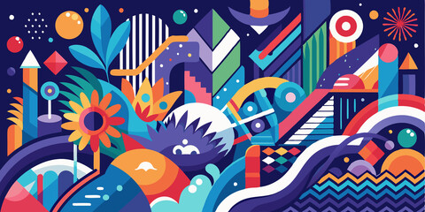 Abstract Colorful Geometric Pattern with Floral Motifs