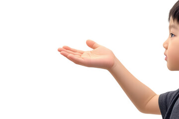 Young Asian Child Reaching Out Hand Gesture on Transparent Background for Empathy Connection & Presenting Concept