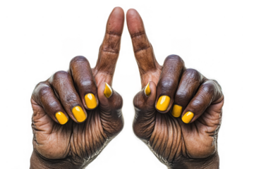 Close-Up of Elderly African Hands Pointing Up with Yellow Nail Polish on Transparent Background - Diversity Aging Beauty Concept