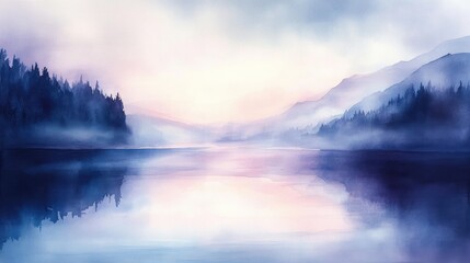 Fototapeta premium Watercolor Painting of a Misty Mountain Lake at Sunset