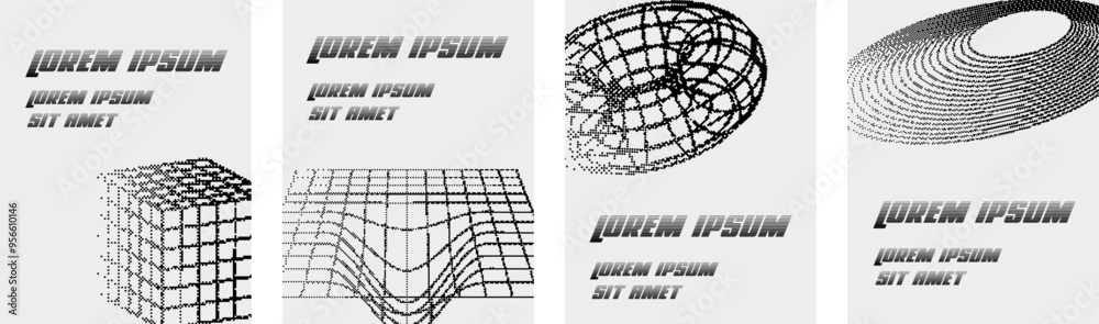 Poster Monochrome retro Y2K brutal posters with abstract vector bitmap effect that imitates pixels. Y2K modern graphic elements and geometric shapes. Vector EPS 10