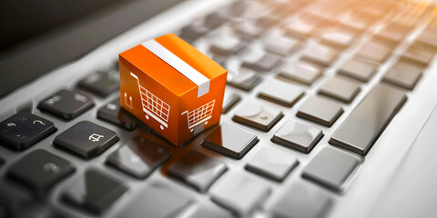 Digital Online Shopping Concept: Miniature Shopping Cart, and Orange Yellow Gift Boxes on Laptop Keyboard with Web Store Interfaces Use for E-commerce, Ads, Social Media, Blogs, Apps, Newsletters