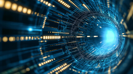 Fototapeta premium Futuristic Metaverse Tunnel with Polygon Shapes and Circuit Boards