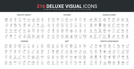 Healthy habits and active lifestyle, food nutrients, sweet candy and herbs line icon set. Kitchen and cooking tools, dietary, garden vegetable and fruit thin black outline symbols vector illustration