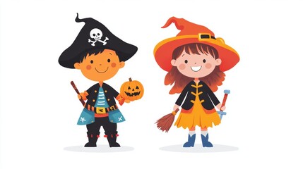 An illustration of two kids in Halloween costumes, one dressed as a pirate and the other as a witch, standing back-to-back with confident expressions. The children are holding small props, such as a