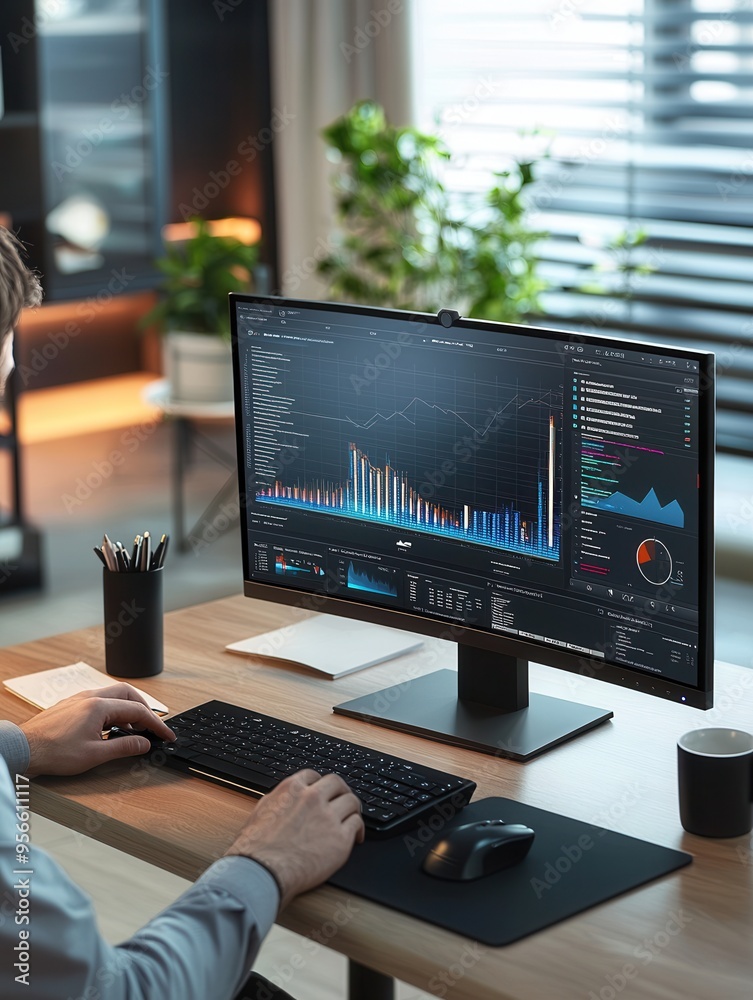 Aufkleber A focused individual analyzes intricate data on a large monitor in a tidy workspace, equipped with essentials like a notepad and coffee mug. Generative AI